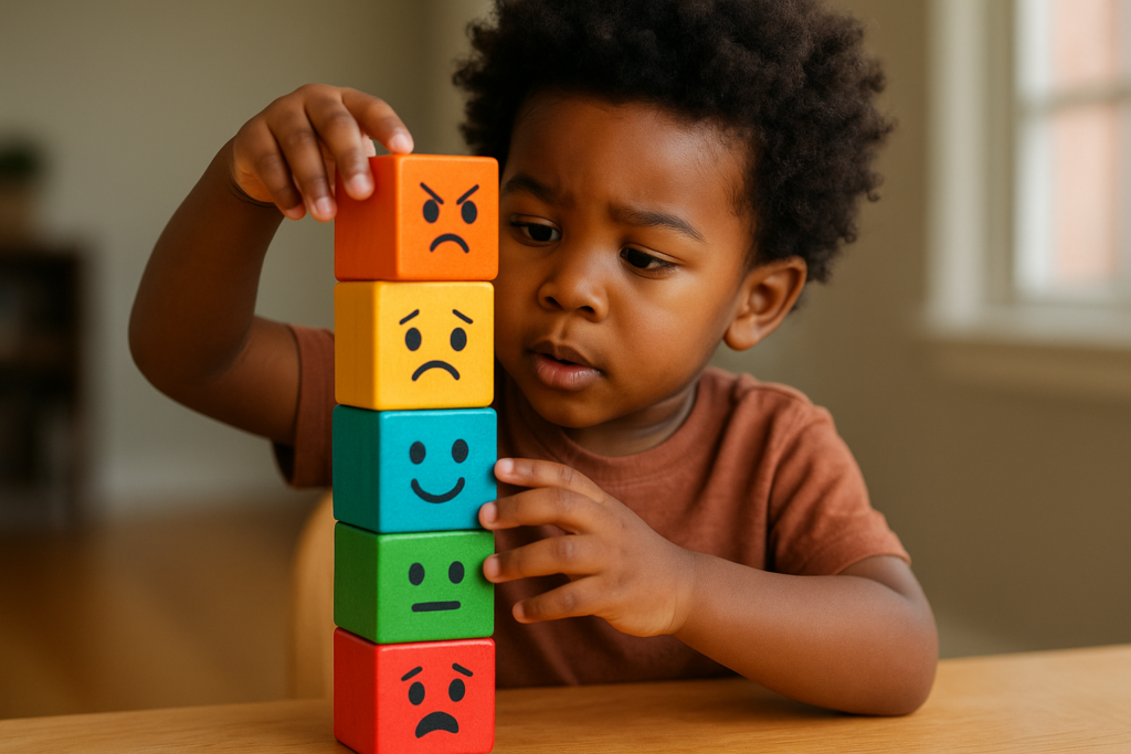 Criança brincando com blocos de montar representando as emoções. 